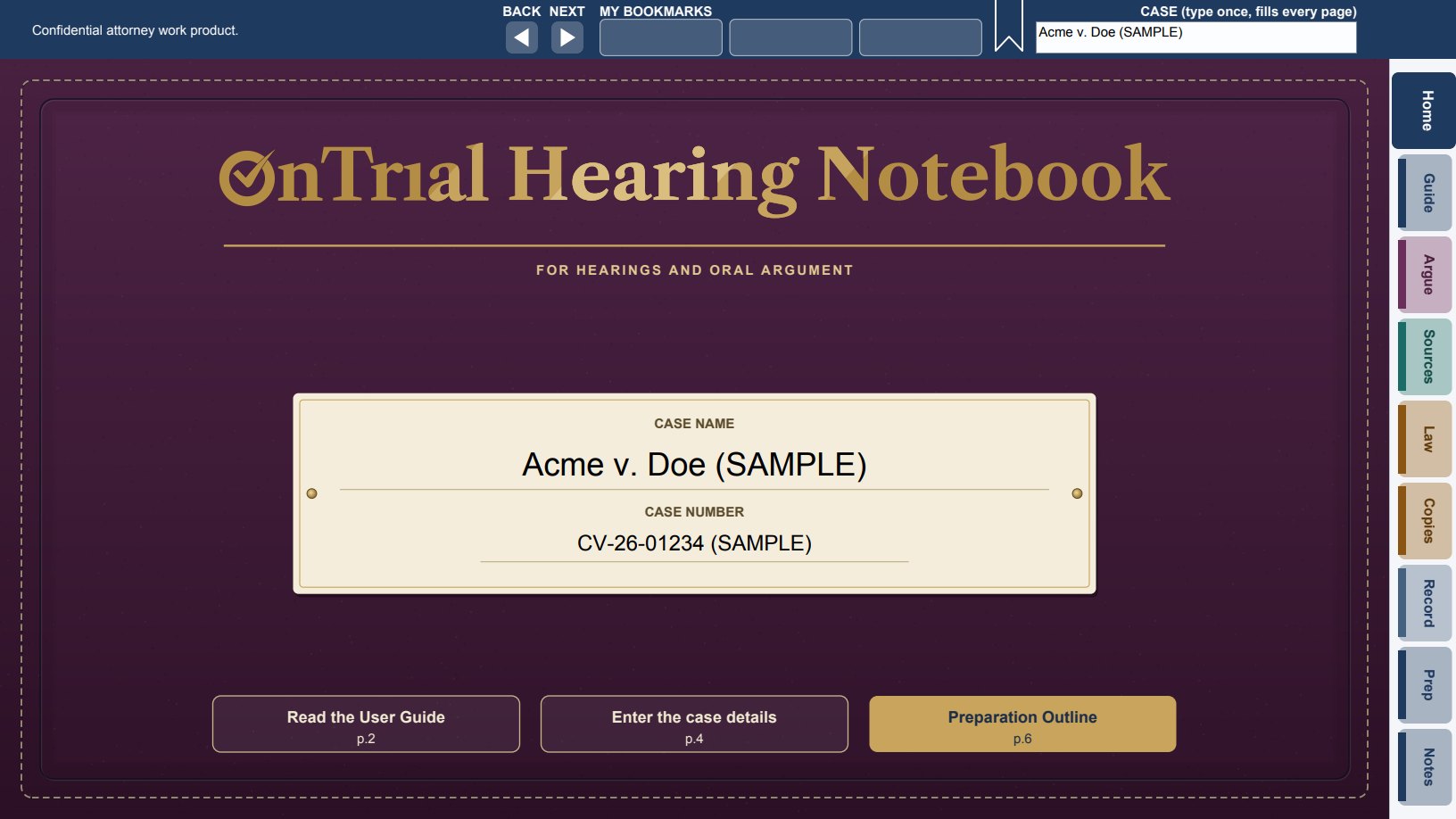 The Hearing Notebook title page, a plum leather binder