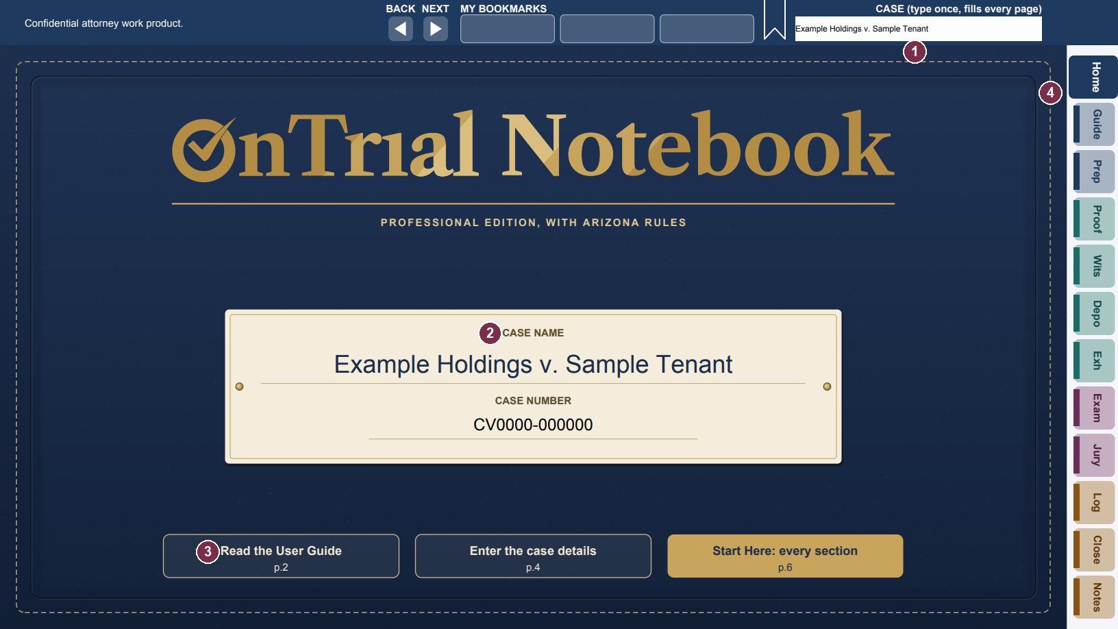 The OnTrial Notebook title page, with tabs for every stage of trial down the right edge